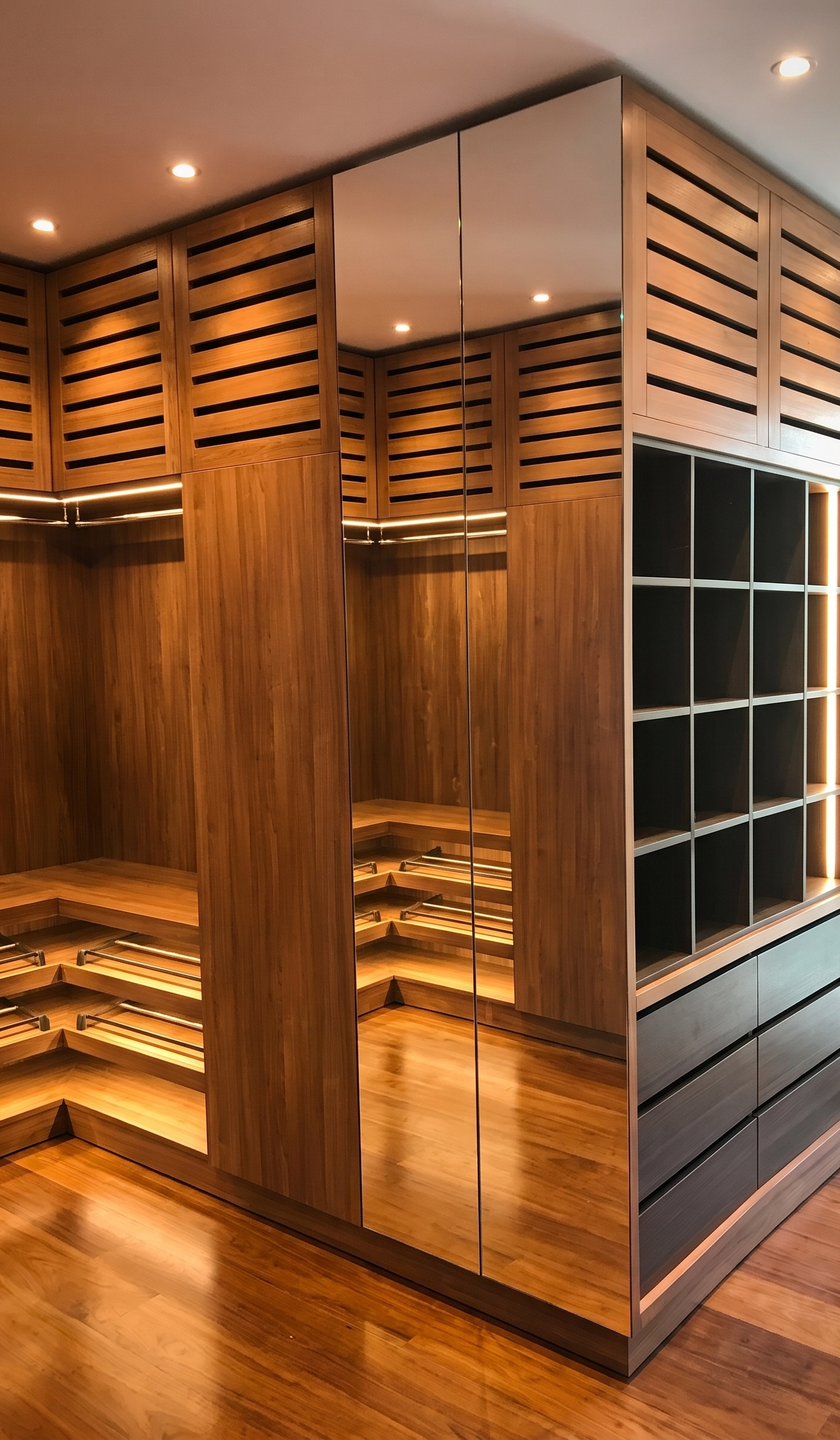 Villa refurbishment Dubai walk-in closet with warm wood cabinetry and LED strip lighting