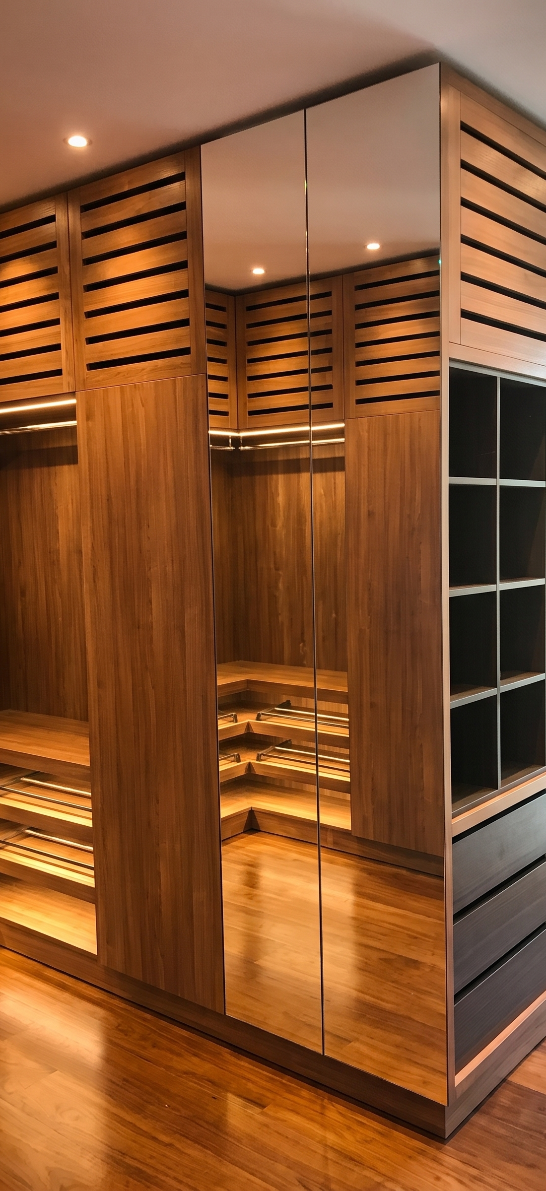 Walk-in wardrobe in warm oak with mirrored doors
