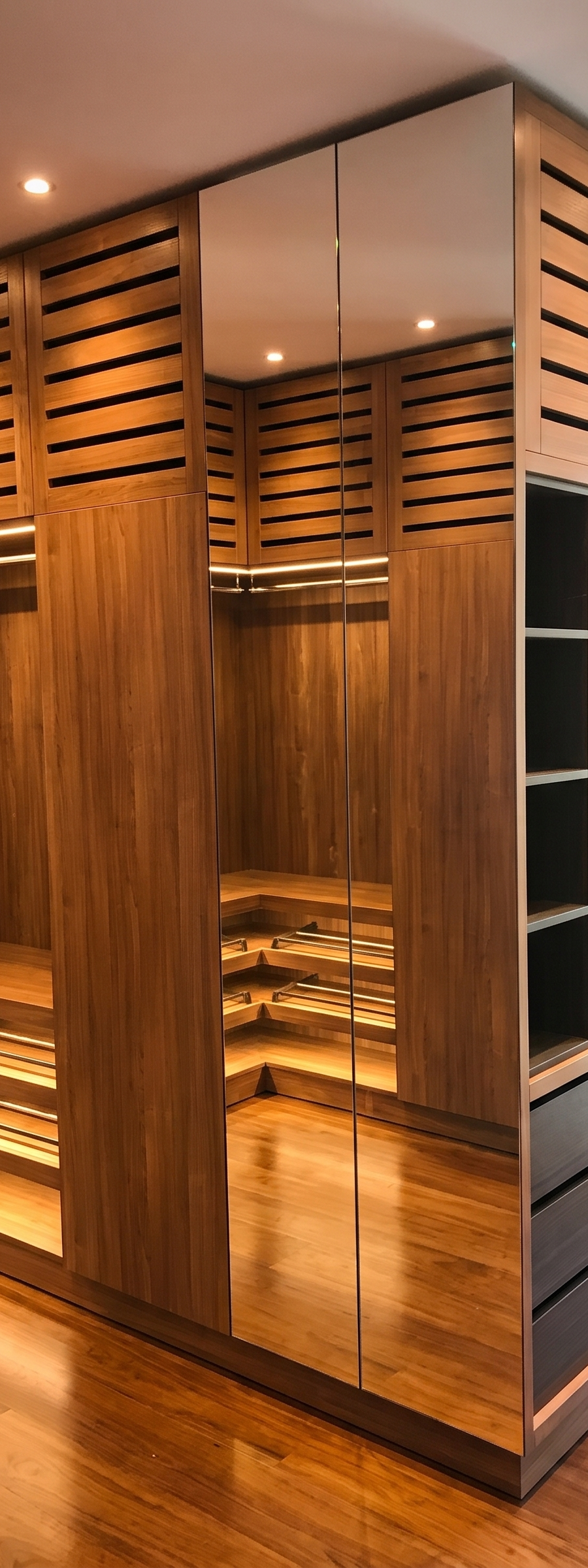 Walk-in wardrobe in warm oak with mirrored doors and integrated lighting