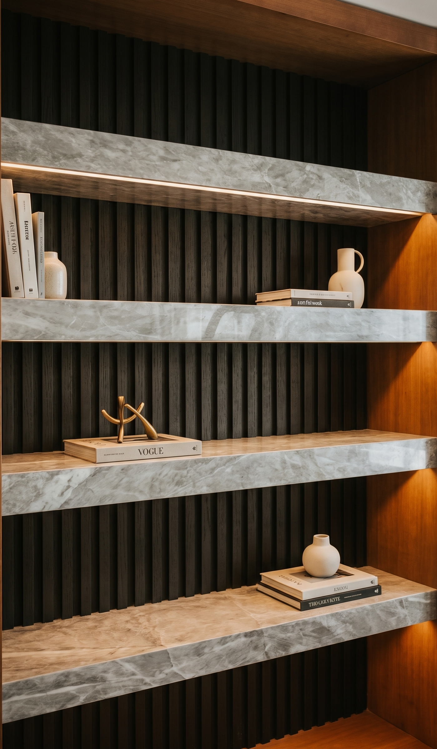 Built-in bookshelf with grey marble shelves, warm LED lighting and a dark fluted wood back panel in a renovated Dubai villa