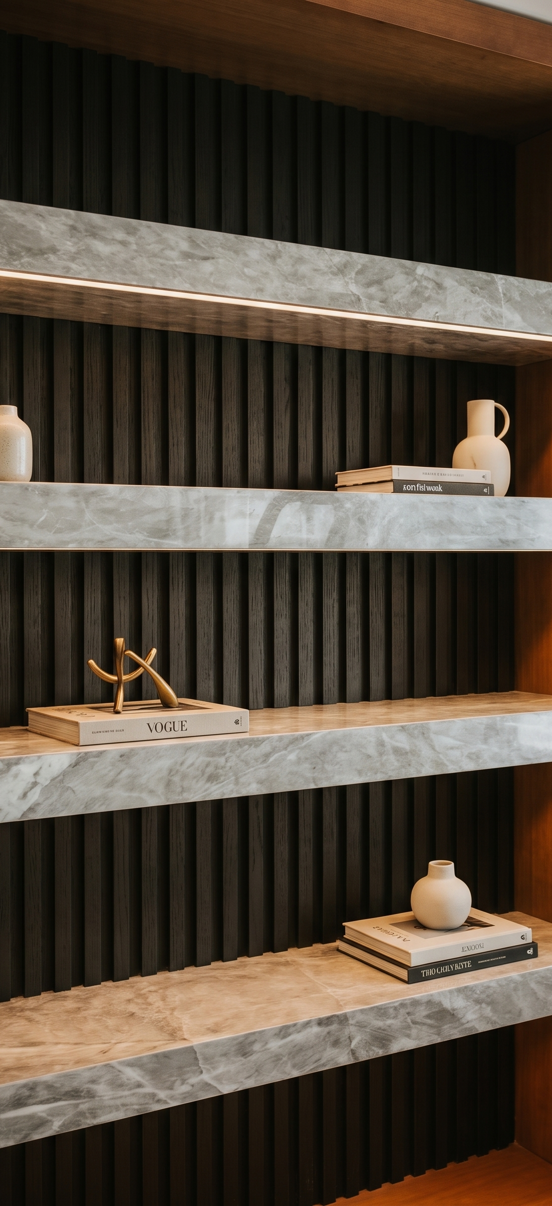Fluted black wall with lit grey marble shelves
