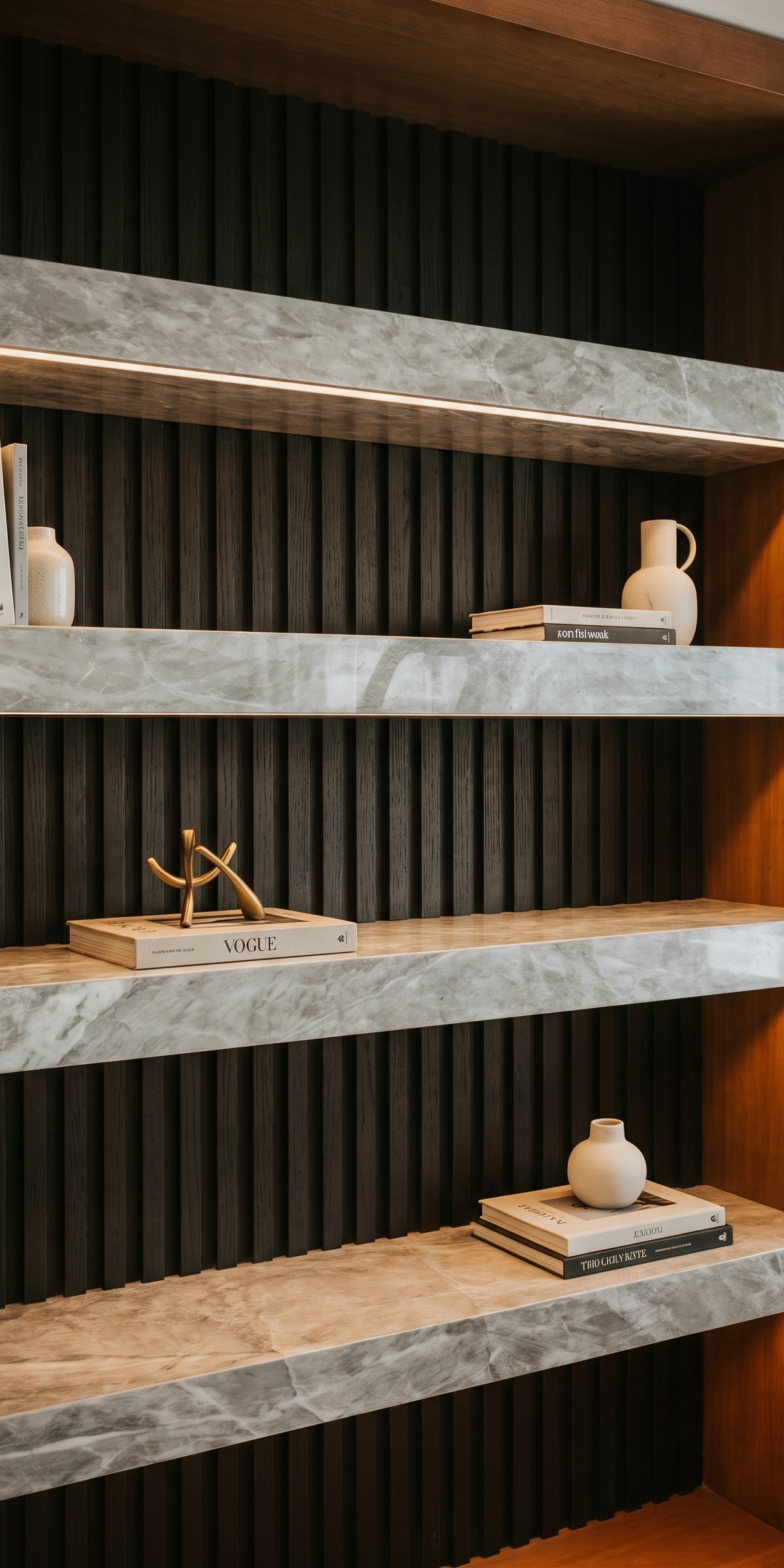 Fluted wall with marble shelves — finished