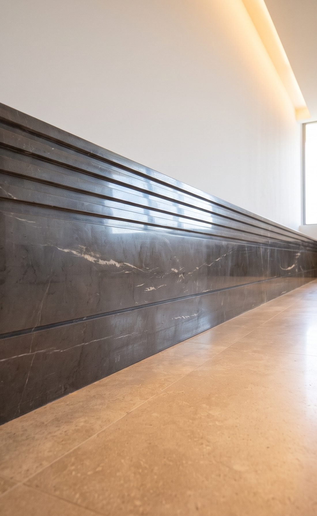 Hallway lined in dark veined marble with a linear light reveal