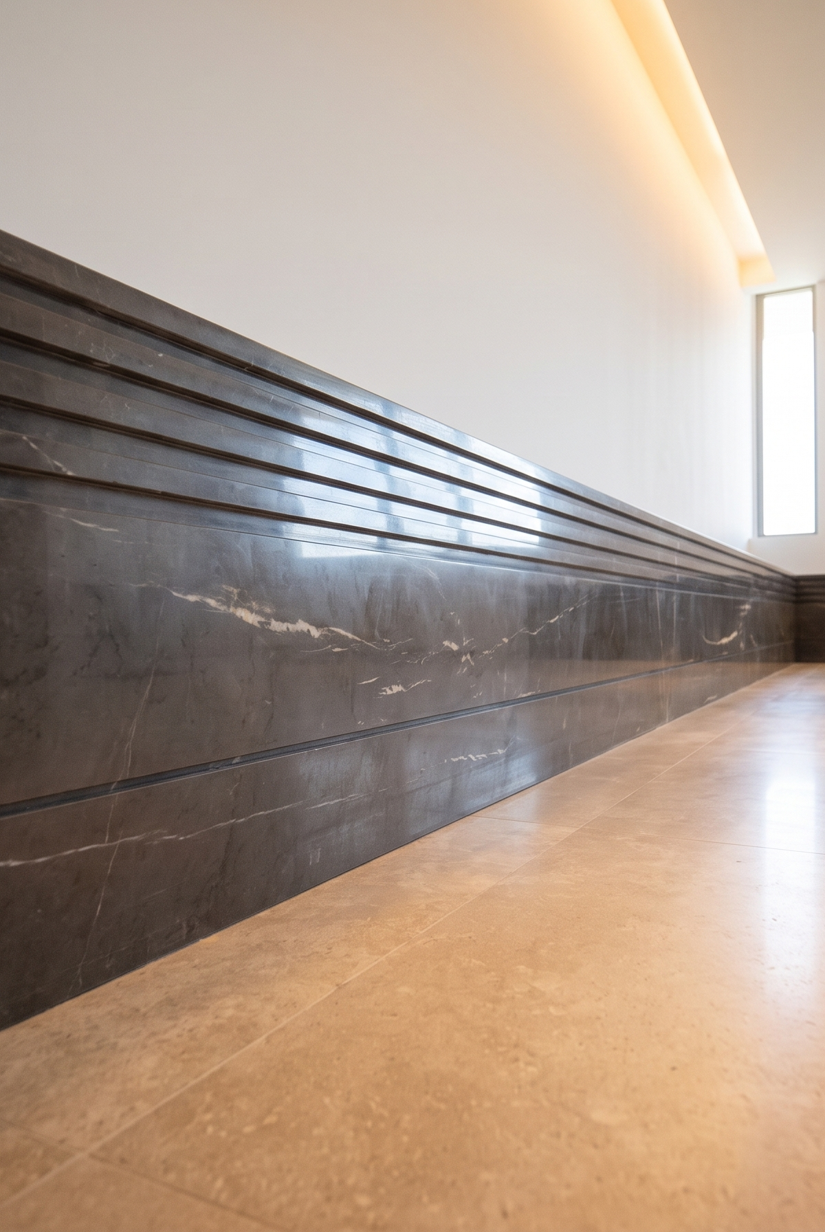 Luxury villa exterior with travertine wall and glass staircase