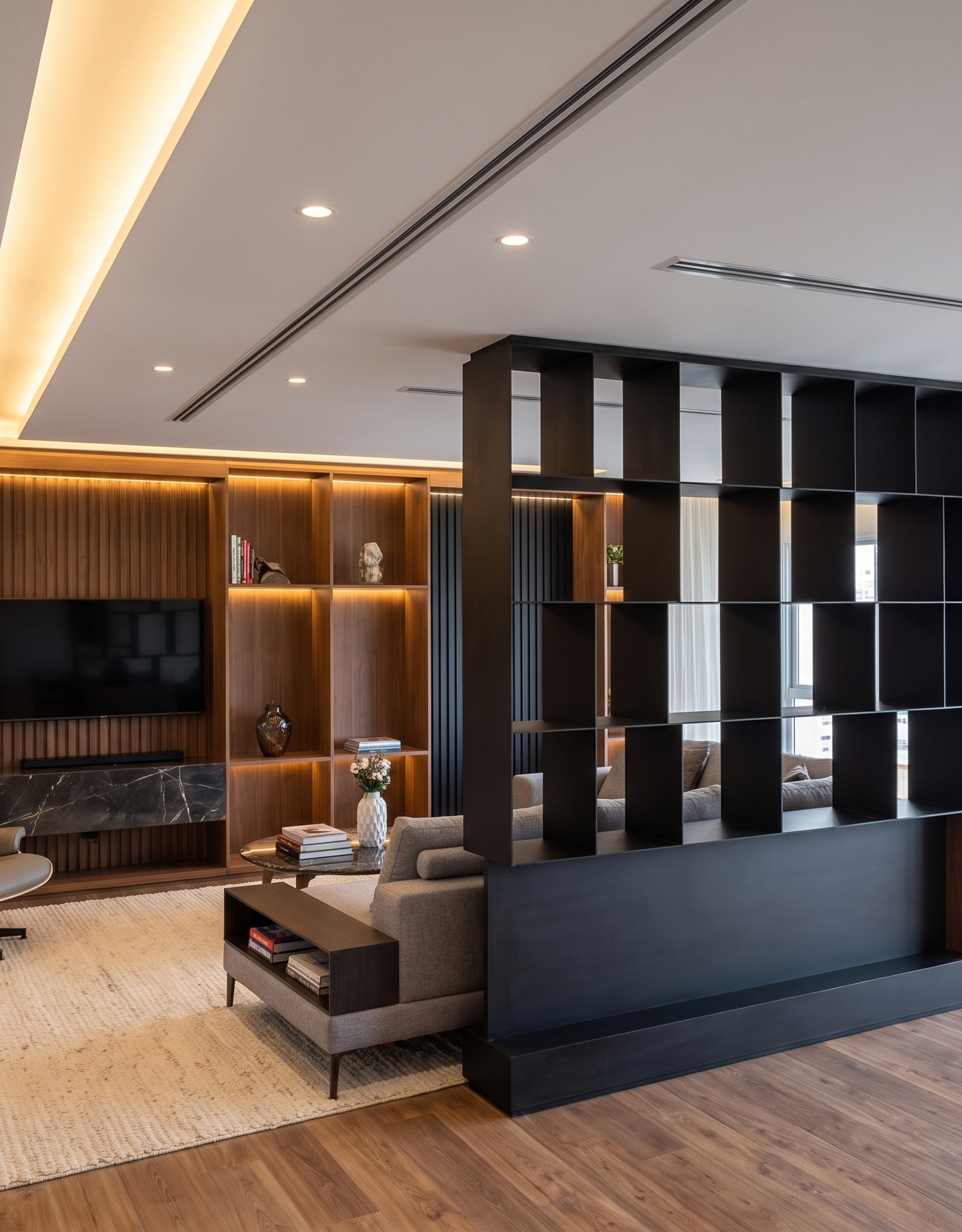 Modern villa extension living room in Dubai with wood paneled media wall and black marble console