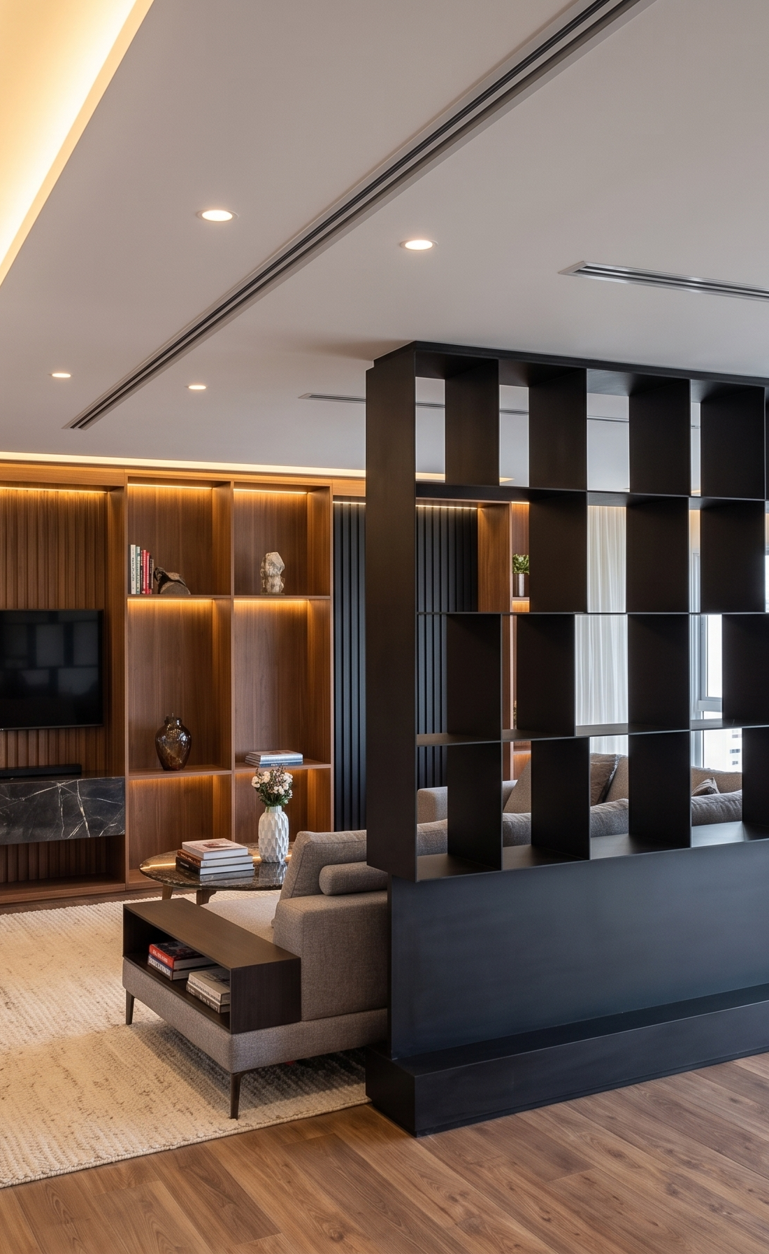 Villa living room with a black grid divider and warm oak panelling