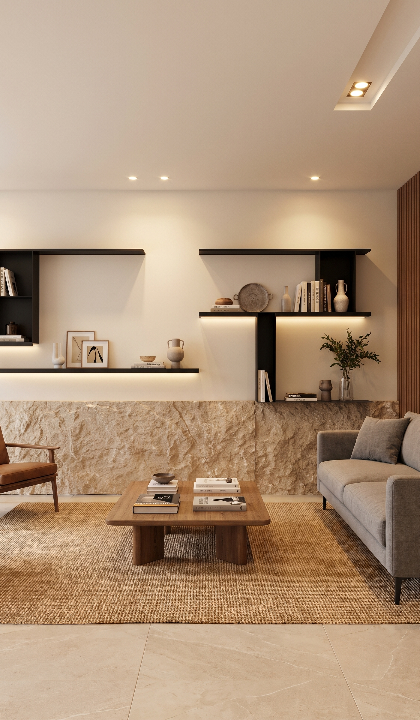 Modern living room with rough hewn natural stone accent wall black floating shelves with integrated LED lighting and leather armchairs in a <a href=