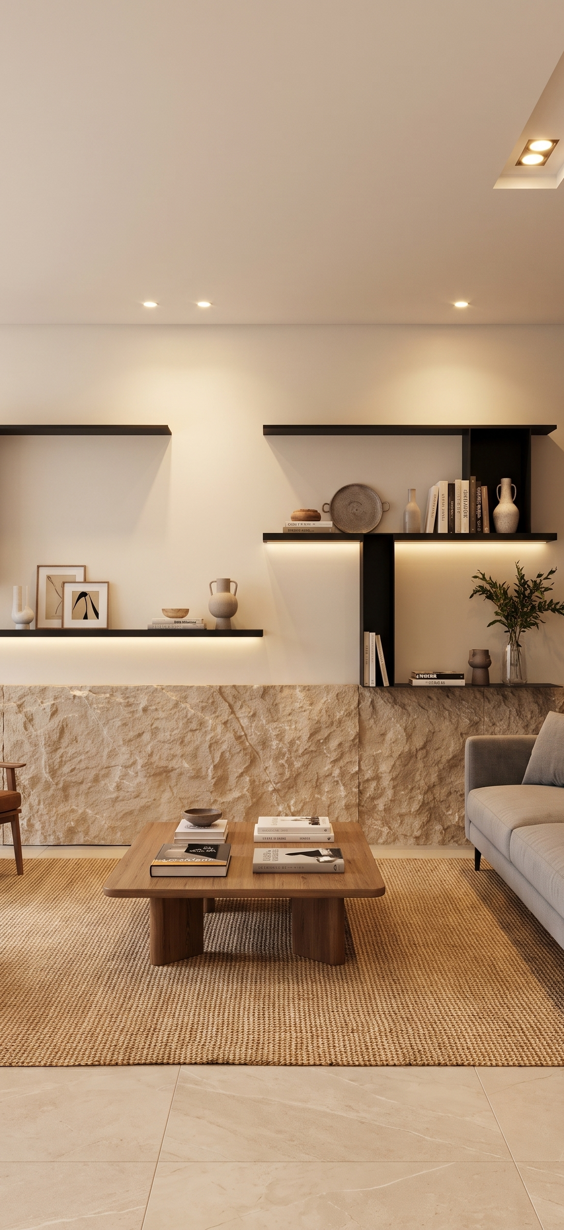 Rough-cut natural stone feature wall in a villa living room