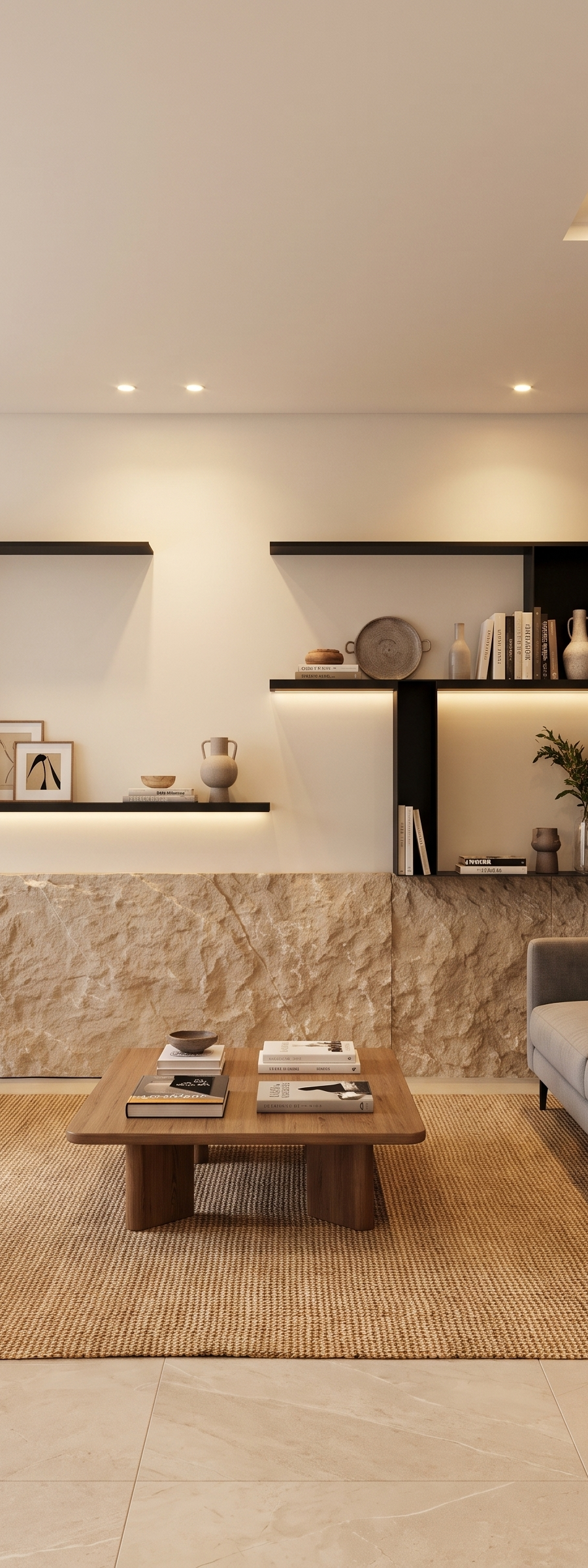 Rough-cut natural stone feature wall behind a low walnut table
