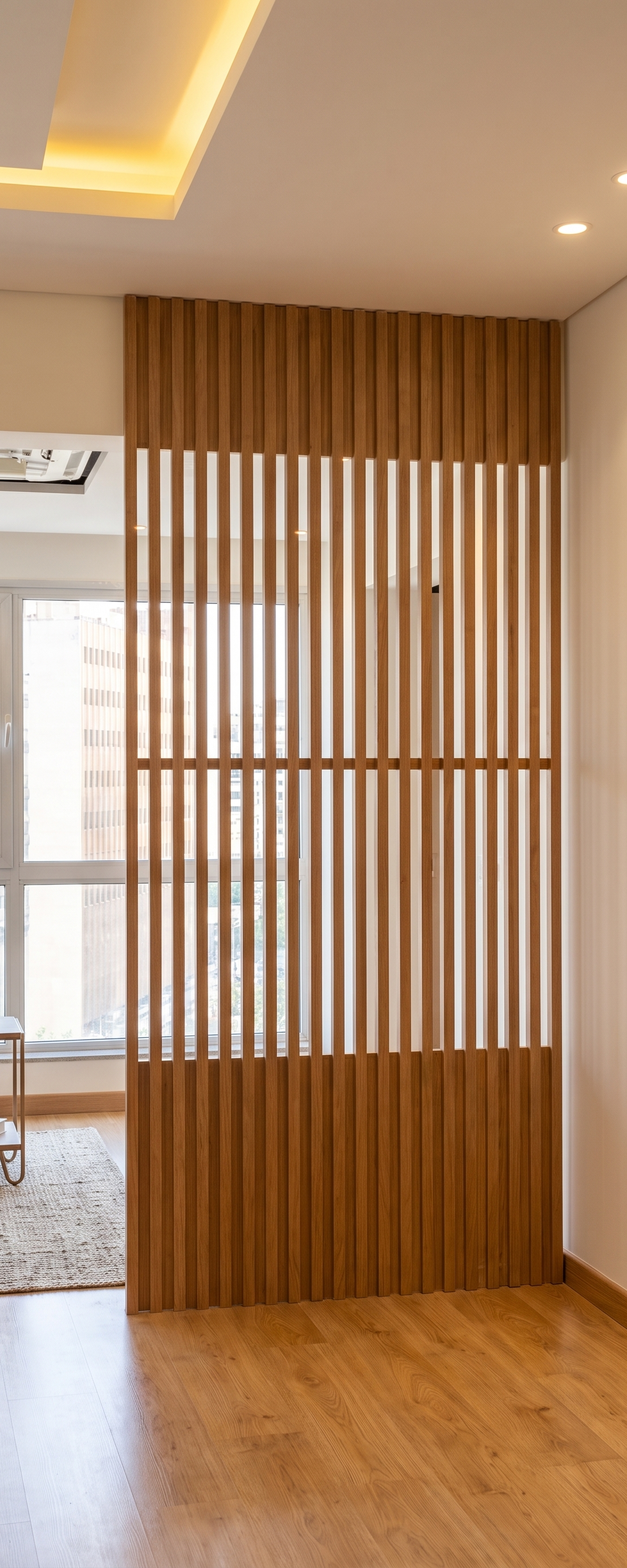 Slatted timber room screen with daylight passing through