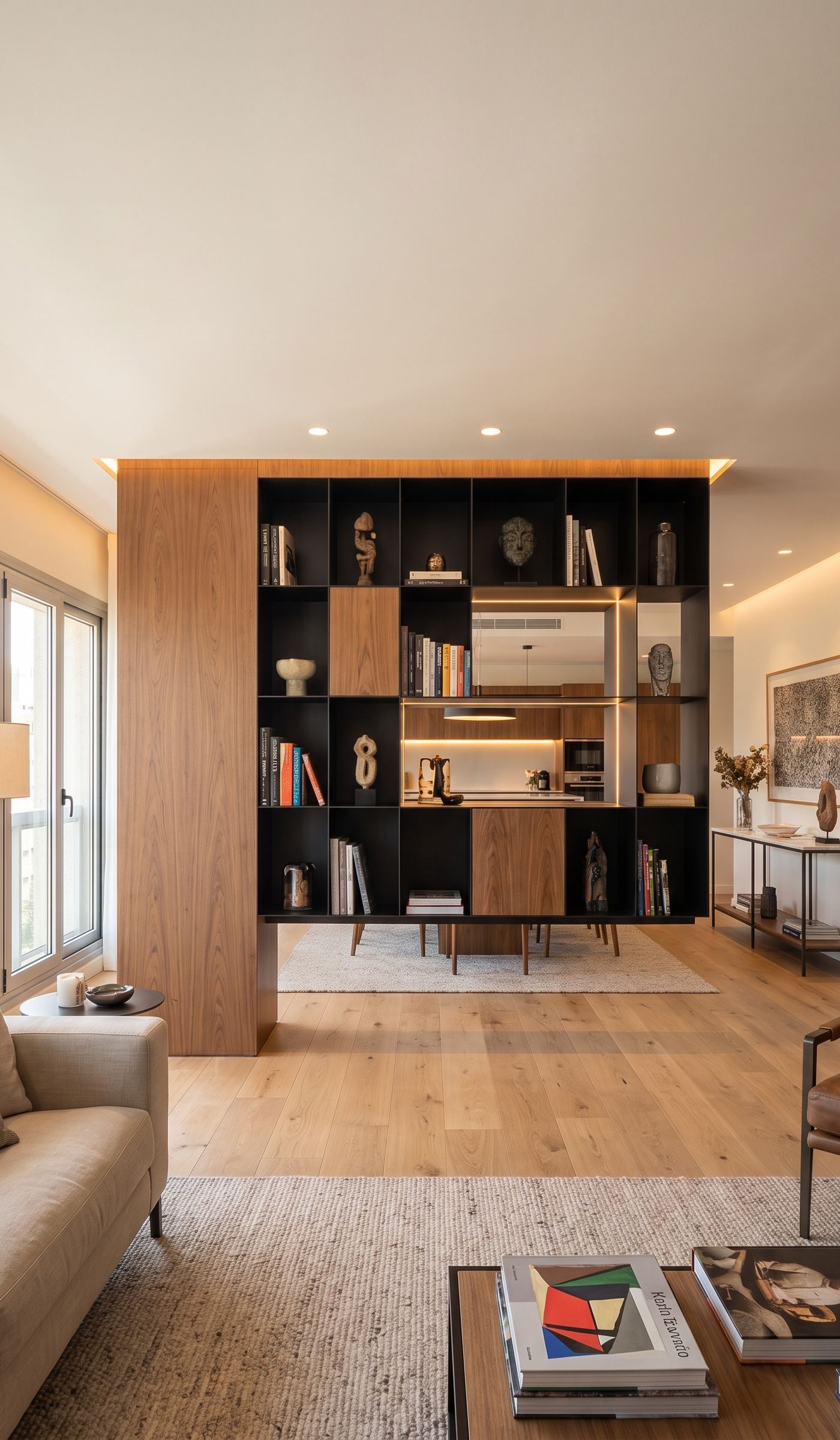 Custom walnut and black shelving unit with integrated LED lighting above a desk and bar area in a Dubai living room, reflecting the premium joinery finish used on a <a href=