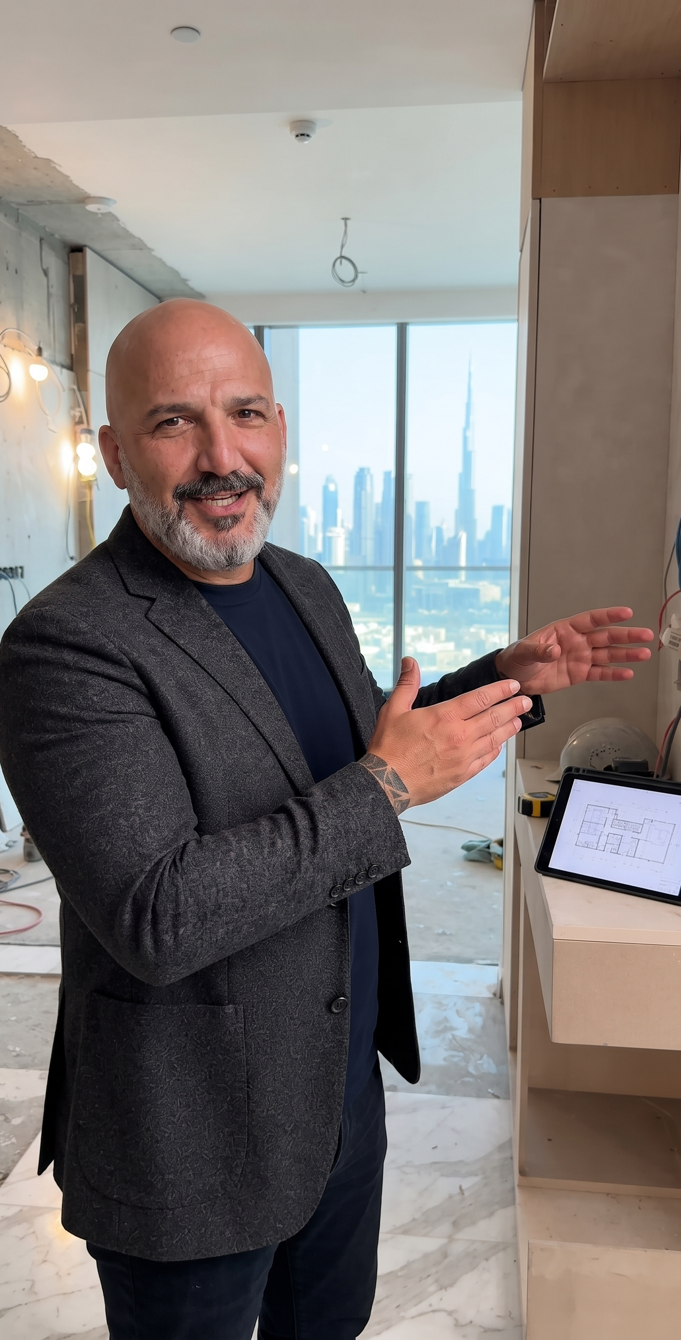 A smiling bald man with a grey beard in a dark suit jacket and navy shirt pointing at exposed wall wiring while holding a tablet showing a floor plan, Dubai skyline and Burj Khalifa behind him