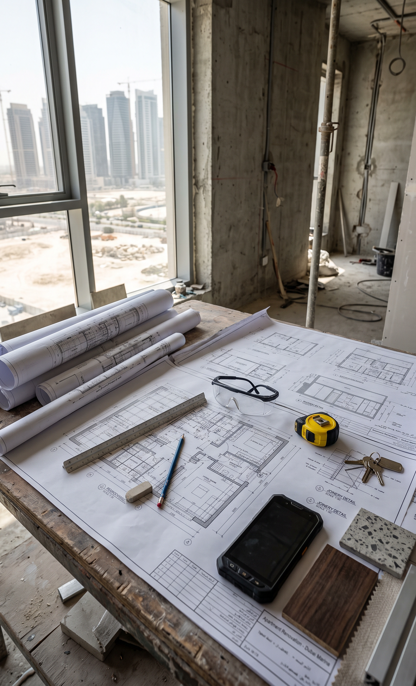 Villa fit out cost per square foot Dubai planning stage with architectural blueprints, safety glasses, tape measure and material samples against the Dubai skyline