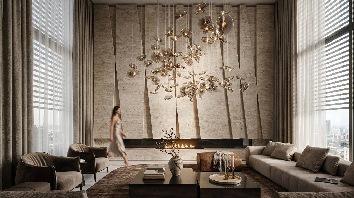Luxurious open-plan living room with statement chandelier and textured stone wall