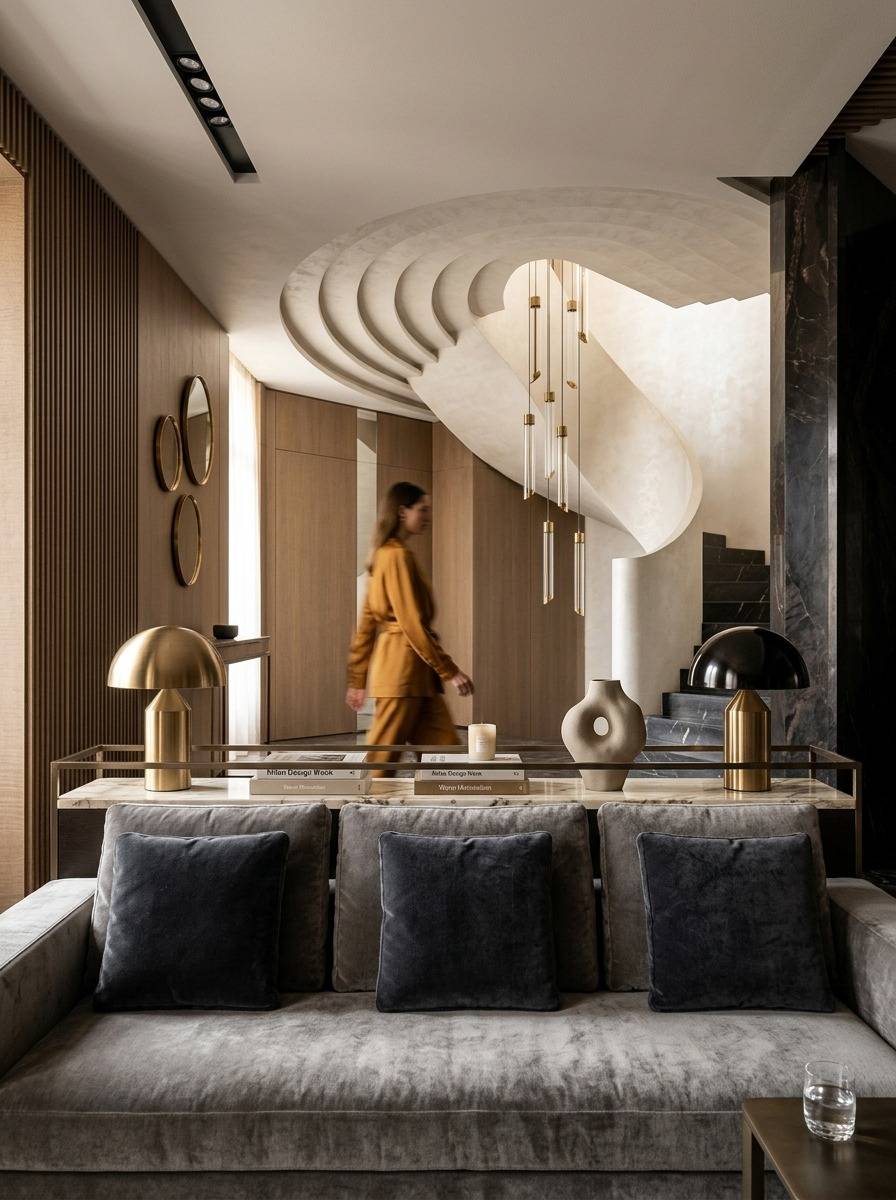 Luxury living room with curved staircase and fluted paneling