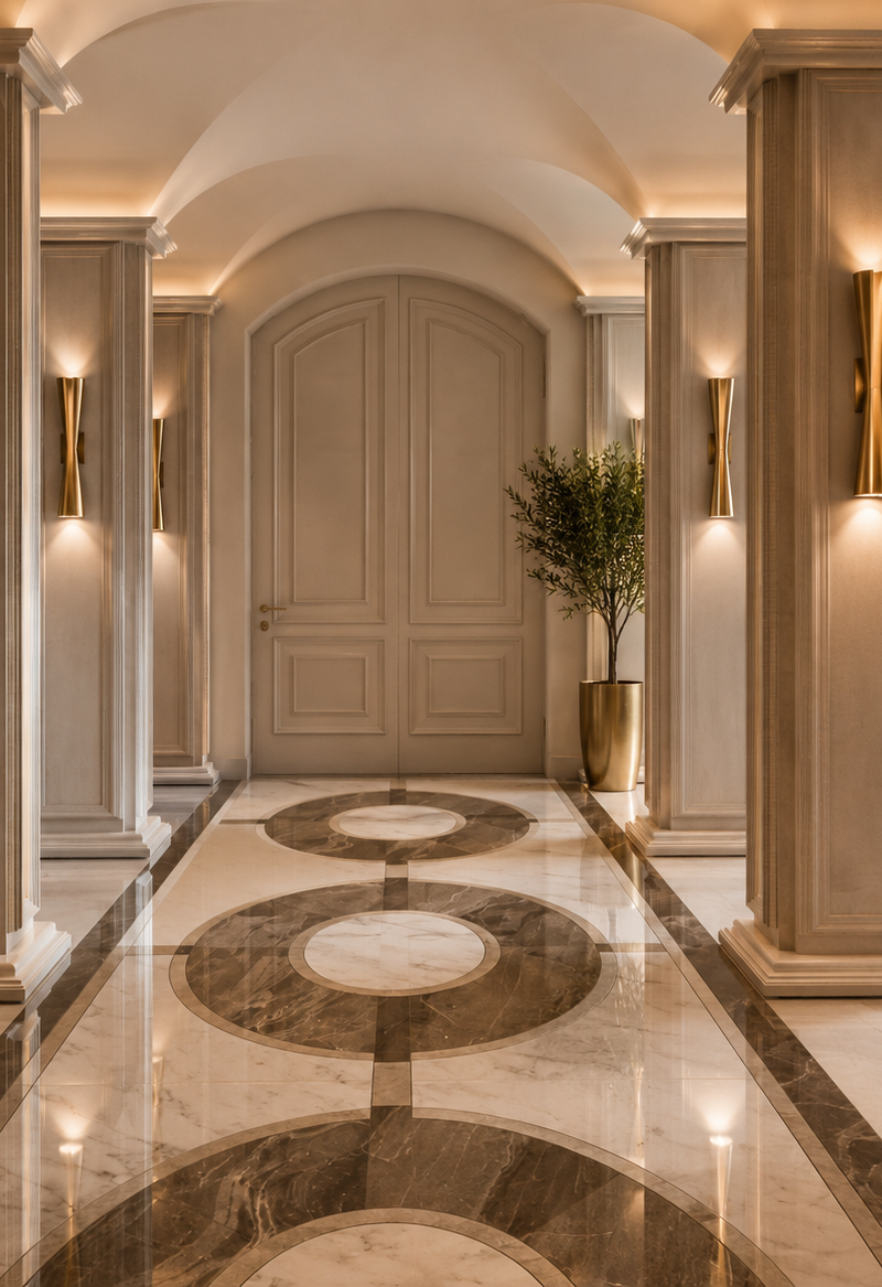 3D visual of a villa entrance hall with patterned marble flooring