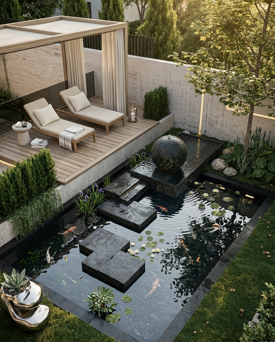 Modern outdoor living space with koi pond and pergola