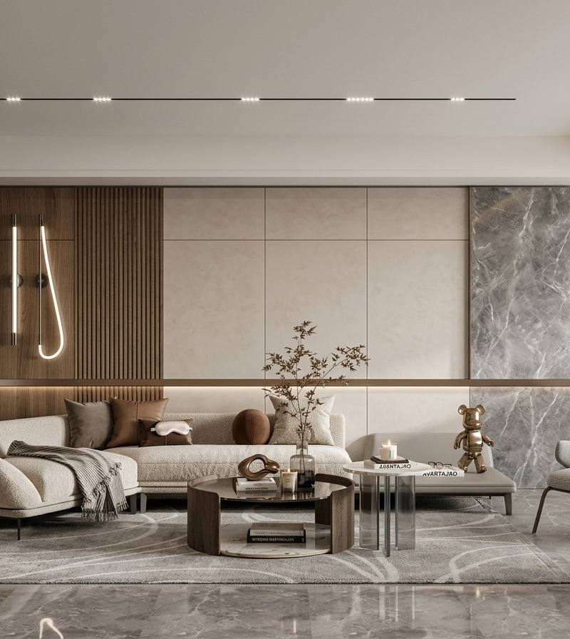 3D visual of a villa living room with slatted timber and a marble feature wall