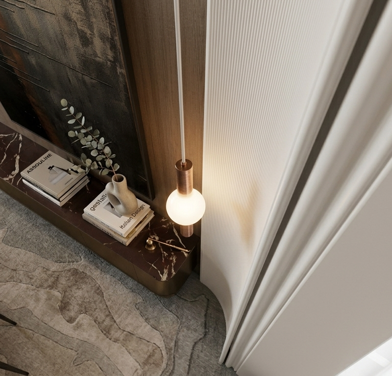 3D visual of a villa entry console and lighting detail