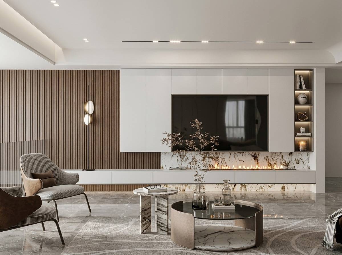 Luxurious villa living room with fluted wood paneling, integrated fireplace, and bespoke shelving, completed by Chadi Baaklini's premium villa renovation in Dubai.