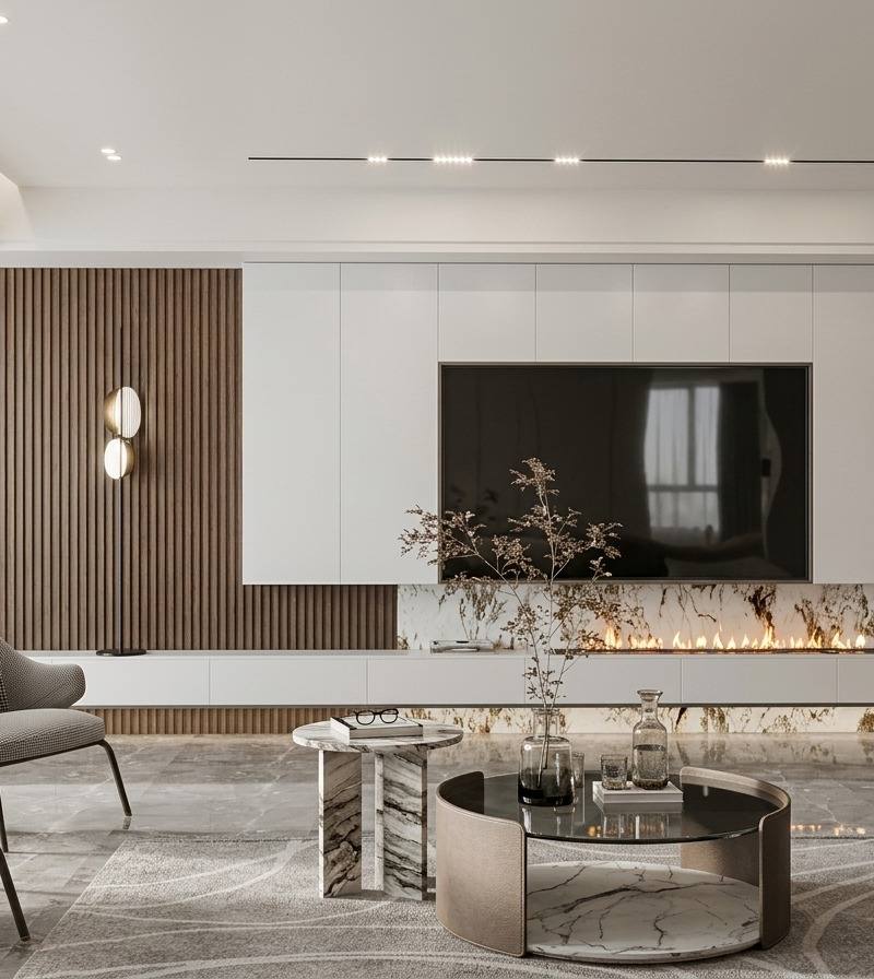3D visual of a villa media wall with a linear fireplace