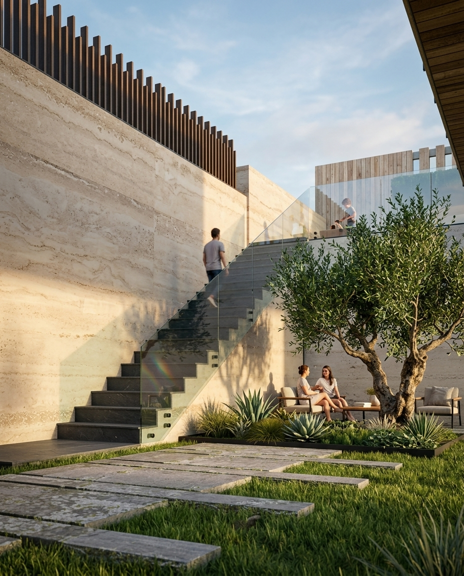 Luxury villa exterior with travertine wall and glass staircase