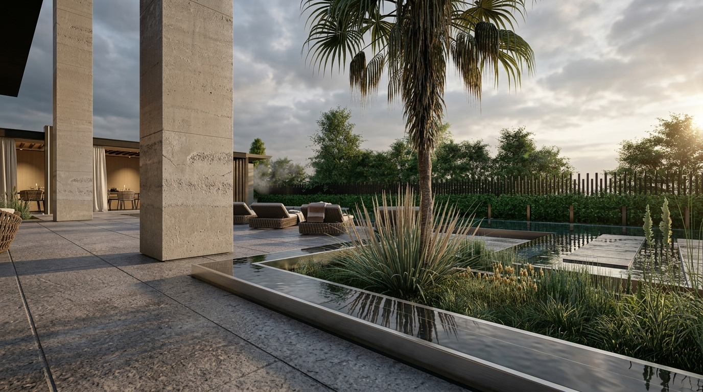 Outdoor living space with water feature