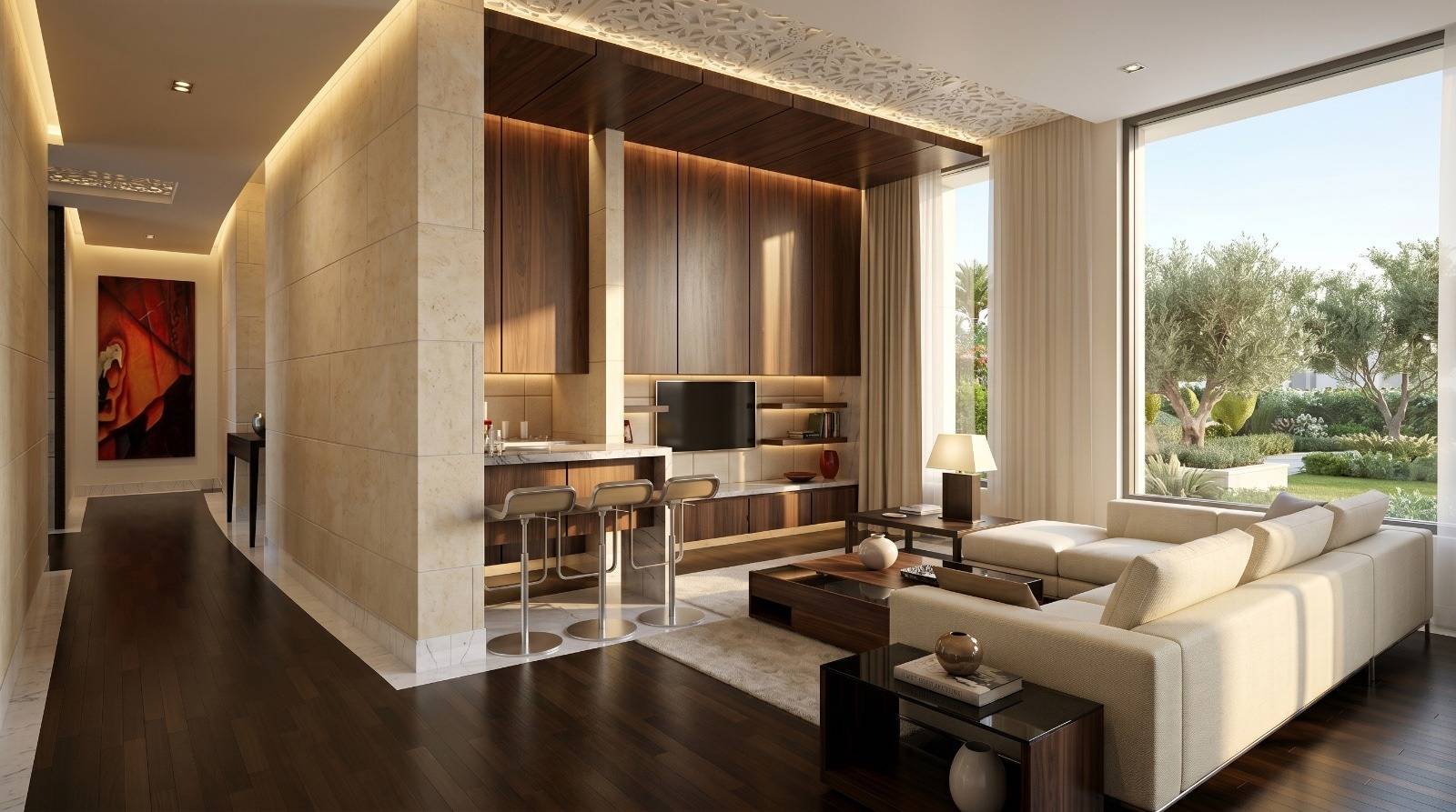 Open plan living room with travertine stone wall