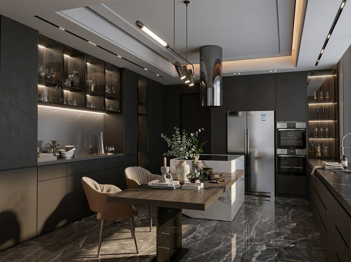 Modern kitchen with charcoal cabinetry and marble island