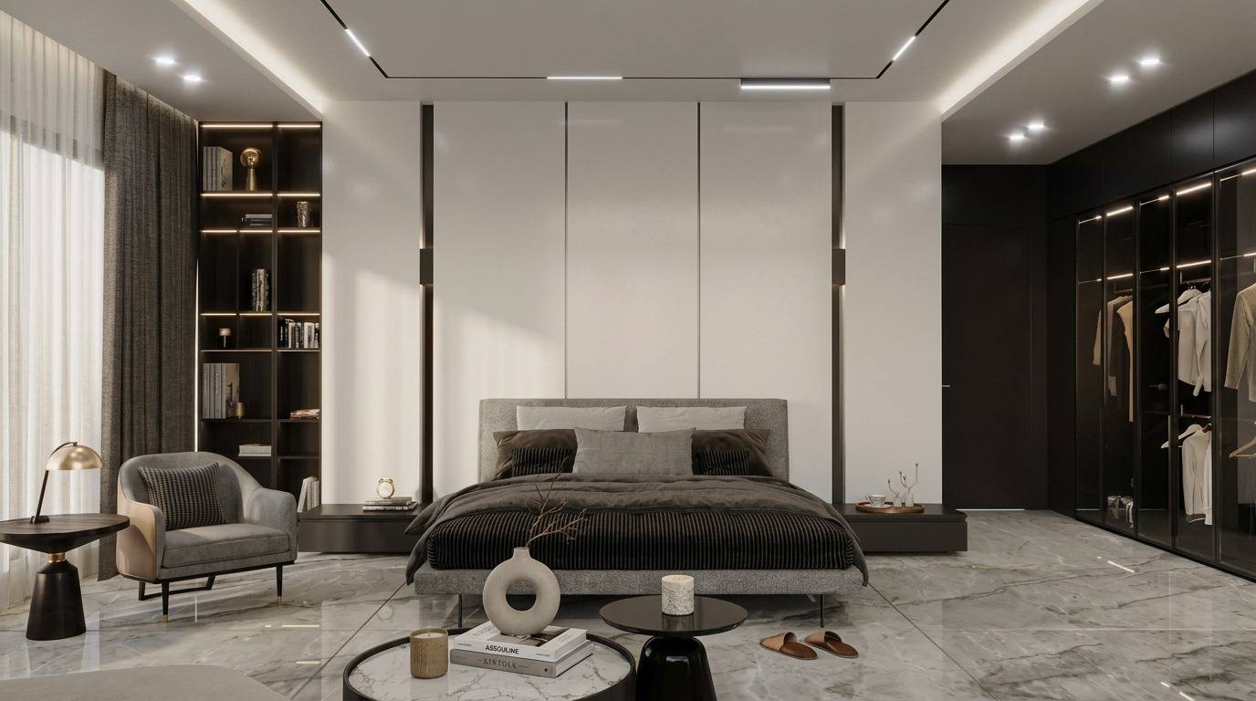 Modern bedroom with grey upholstered bed and built-in wardrobe