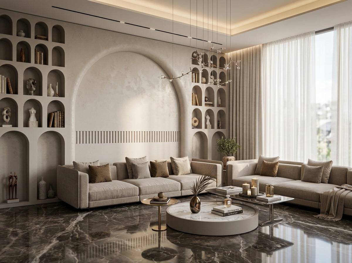 Modern luxury living room with marble flooring and modular sofa