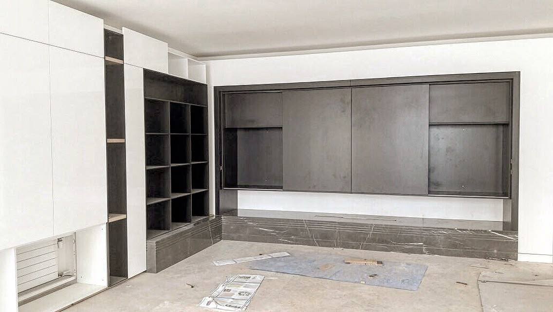 Living room media wall — during the build
