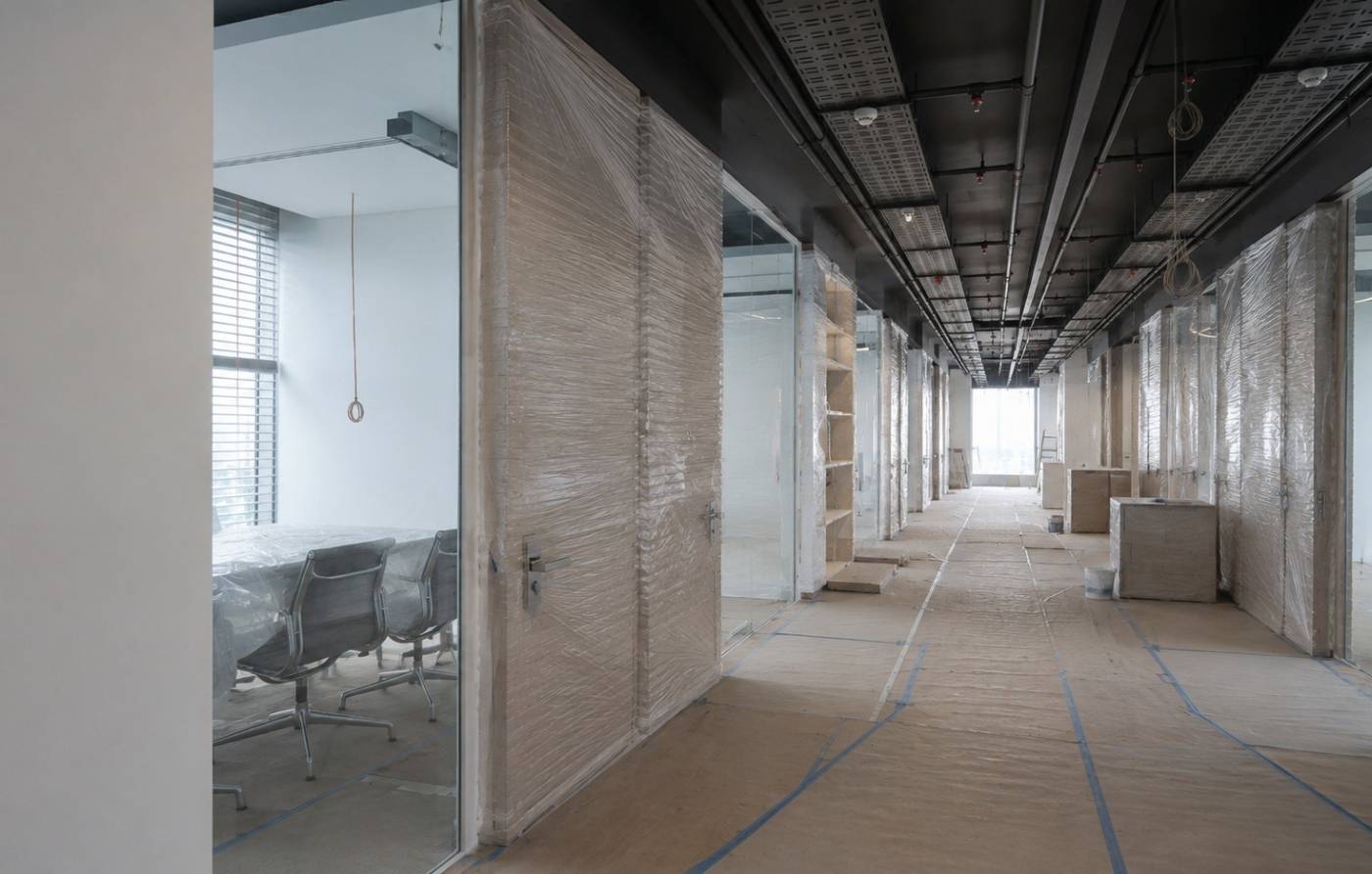 Modern office hallway under construction in Dubai with glass partitions, exposed industrial ceilings, cable trays, and protective floor covering by a <a href=