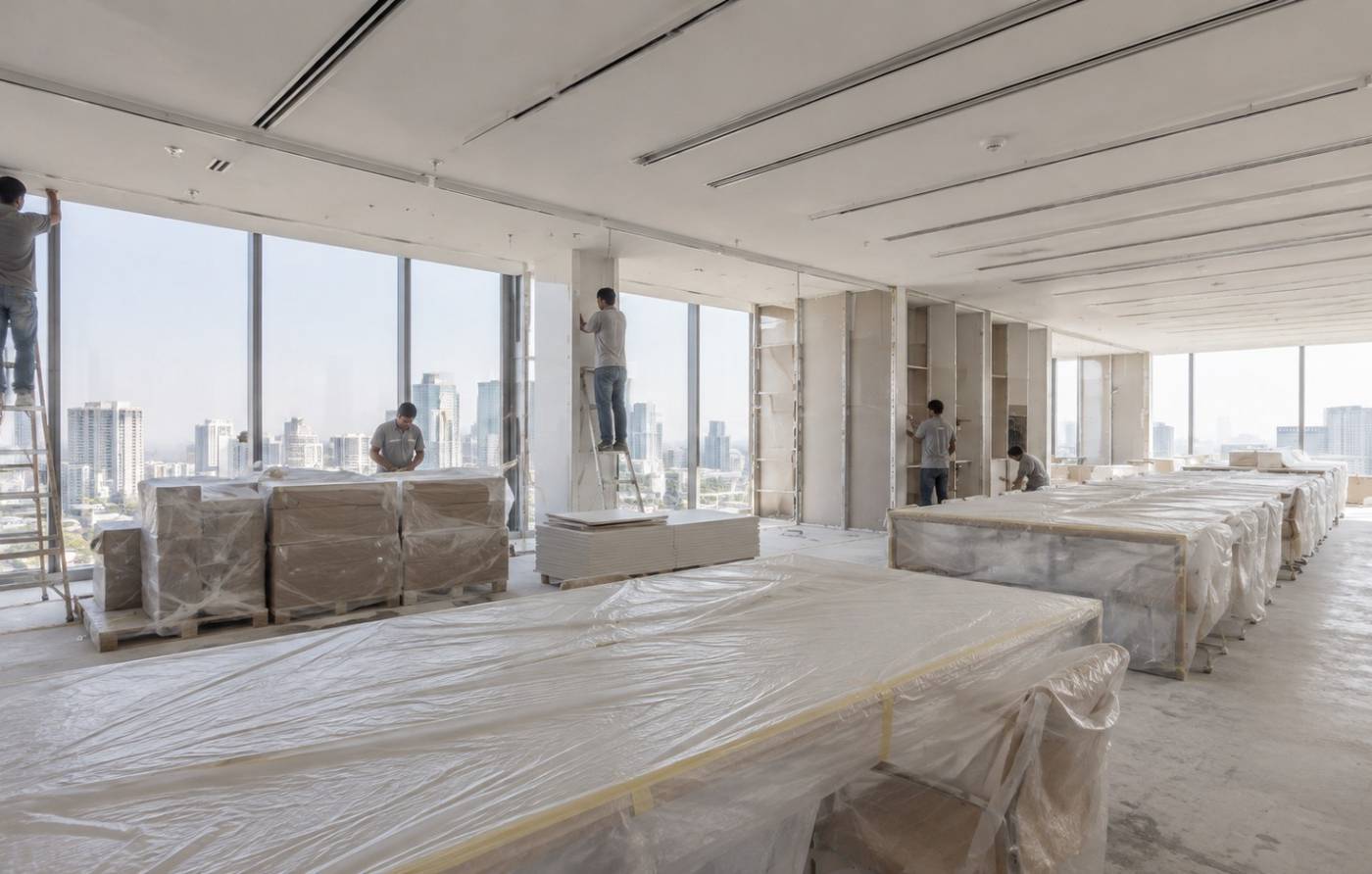 Interior space under refurbishment in Dubai with workers installing drywall and large city view windows