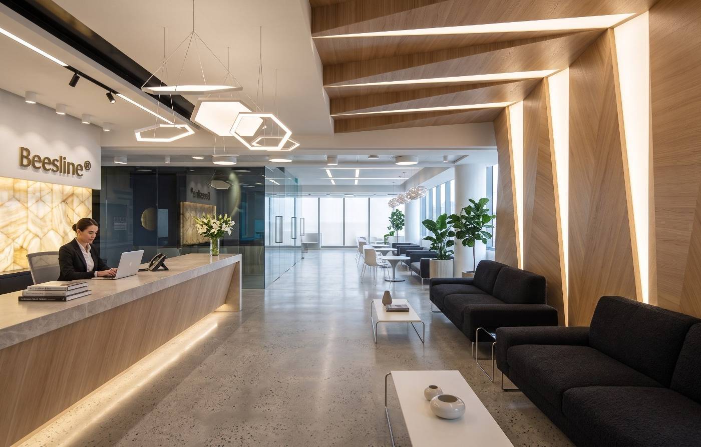 Backlit hexagonal onyx reception wall with geometric wood panelling and integrated lighting in a premium Dubai villa fit-out
