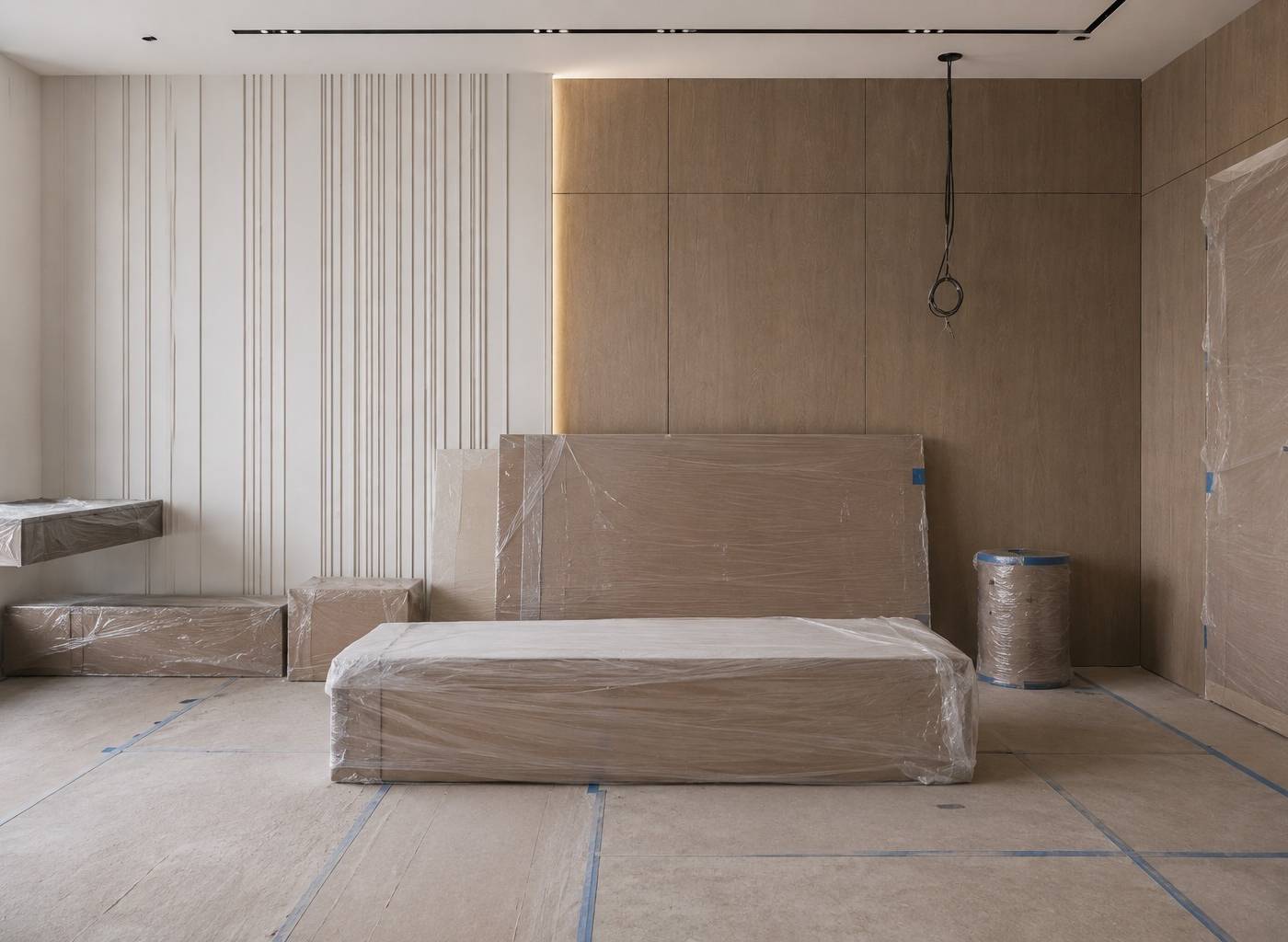 A Dubai villa interior during fitout showing white fluted wall paneling, light wood paneling, protective floor coverings and wrapped furniture components