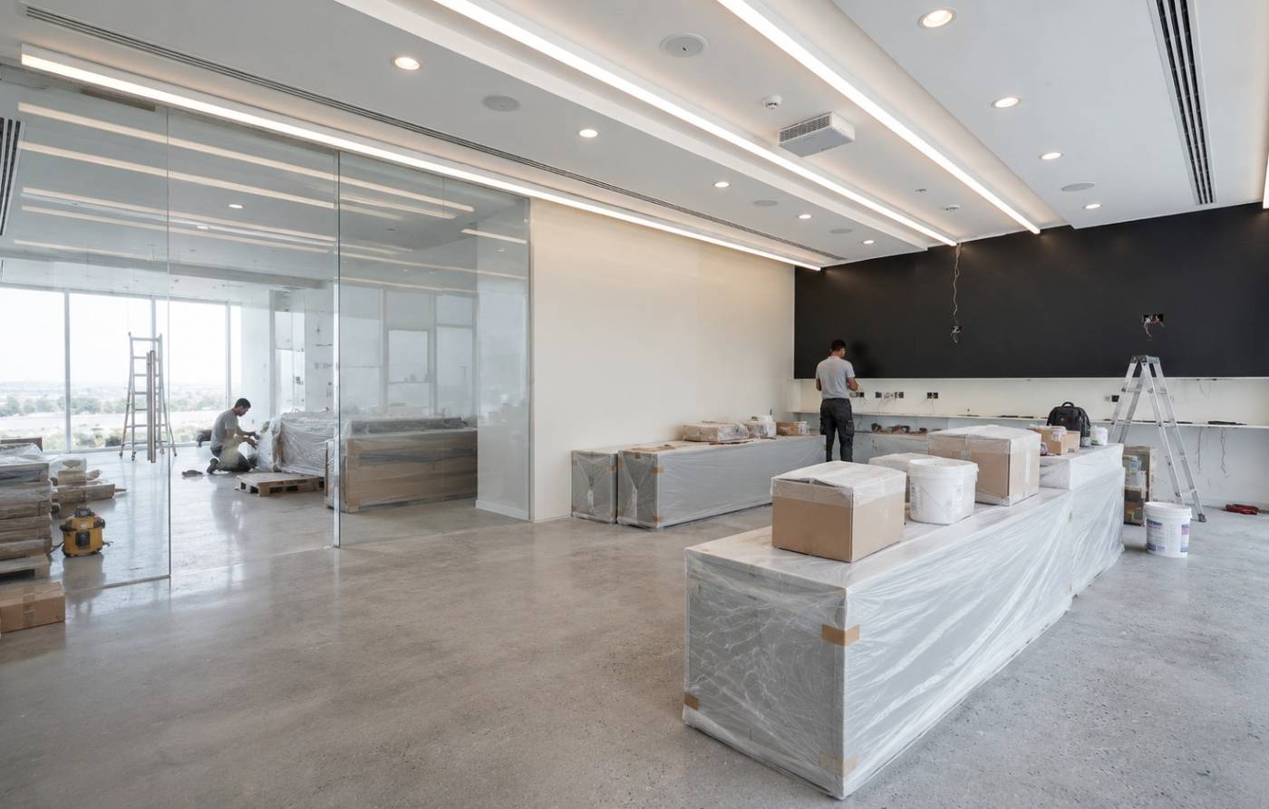 A modern office space in Dubai during renovation with glass partitions and a polished concrete floor