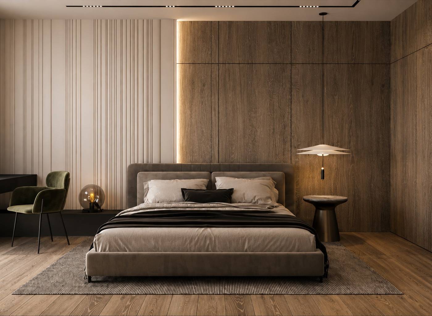 Bedroom detail by Chadi Baaklini showing the custom joinery and warm wood panelling approach carried through a <a href=
