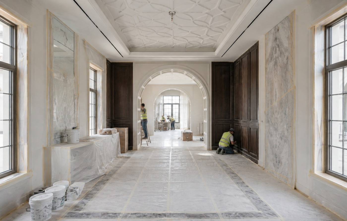 Luxury hallway fitout in a Dubai villa with white marble flooring, dark wood paneling, a decorative coffered ceiling, and construction workers completing finishes