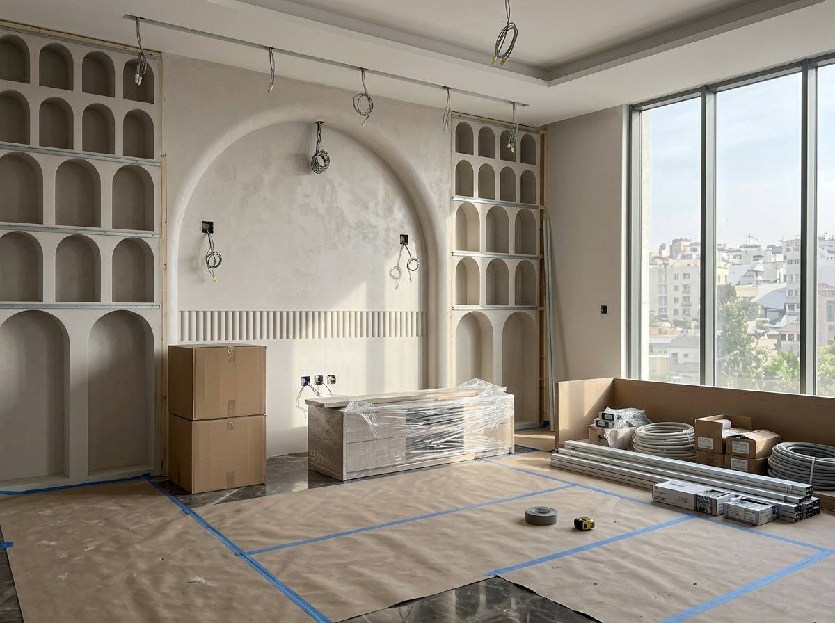 A spacious Dubai villa interior mid-renovation with arched built-in shelving and a textured stucco feature wall against a city skyline