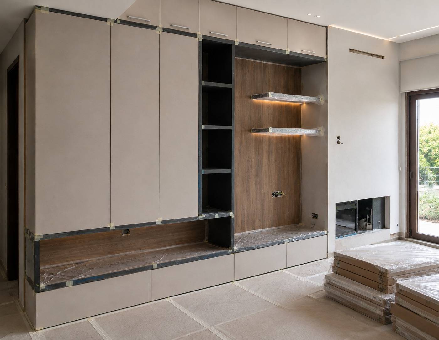 Custom built-in cabinetry and media unit under construction in a modern Dubai living room with neutral wood accents, integrated LED shelving and a glass door