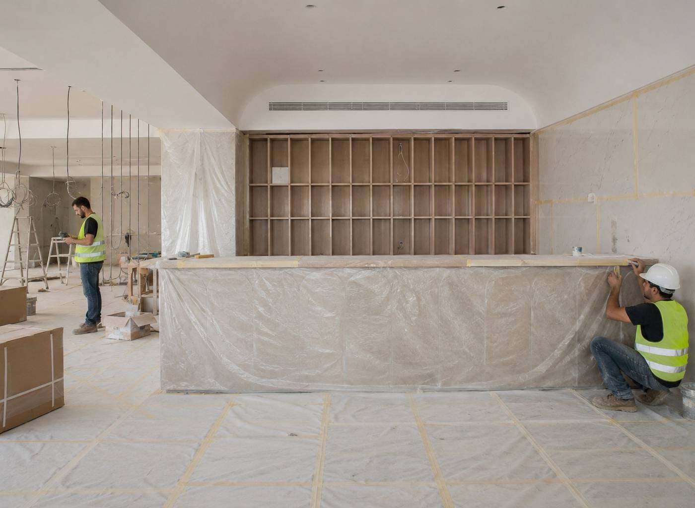 Progress shot of two workers inside a modern Dubai villa extension fitout, with a long counter under protective plastic and wooden shelving framework