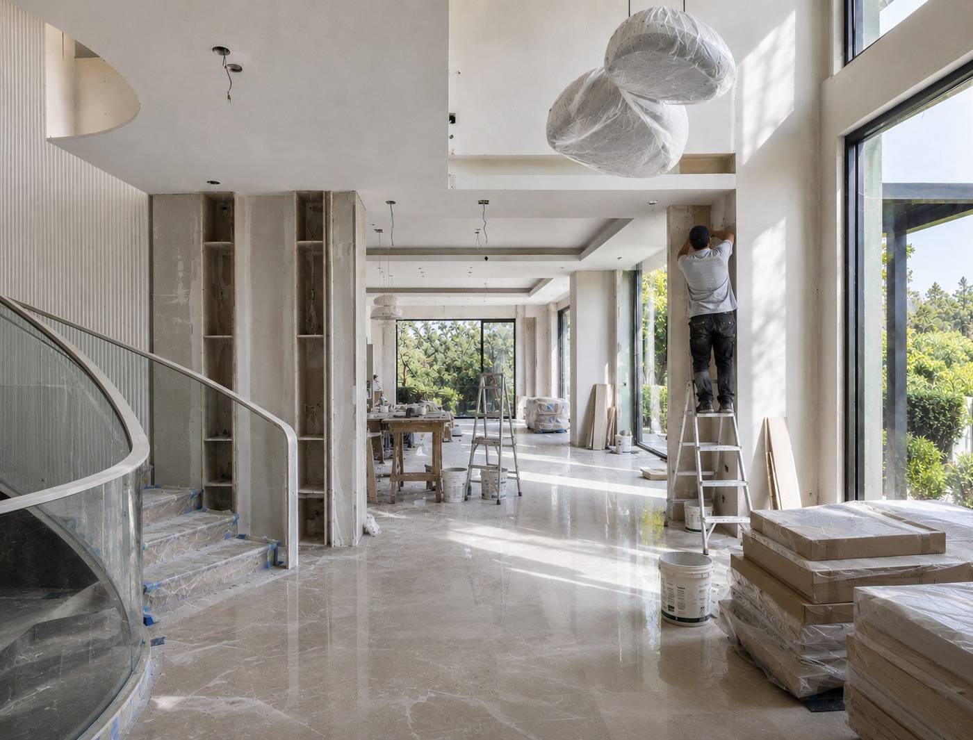 Under construction hallway in a Dubai villa managed by Chadi Baaklini during a larger villa kitchen renovation Dubai project