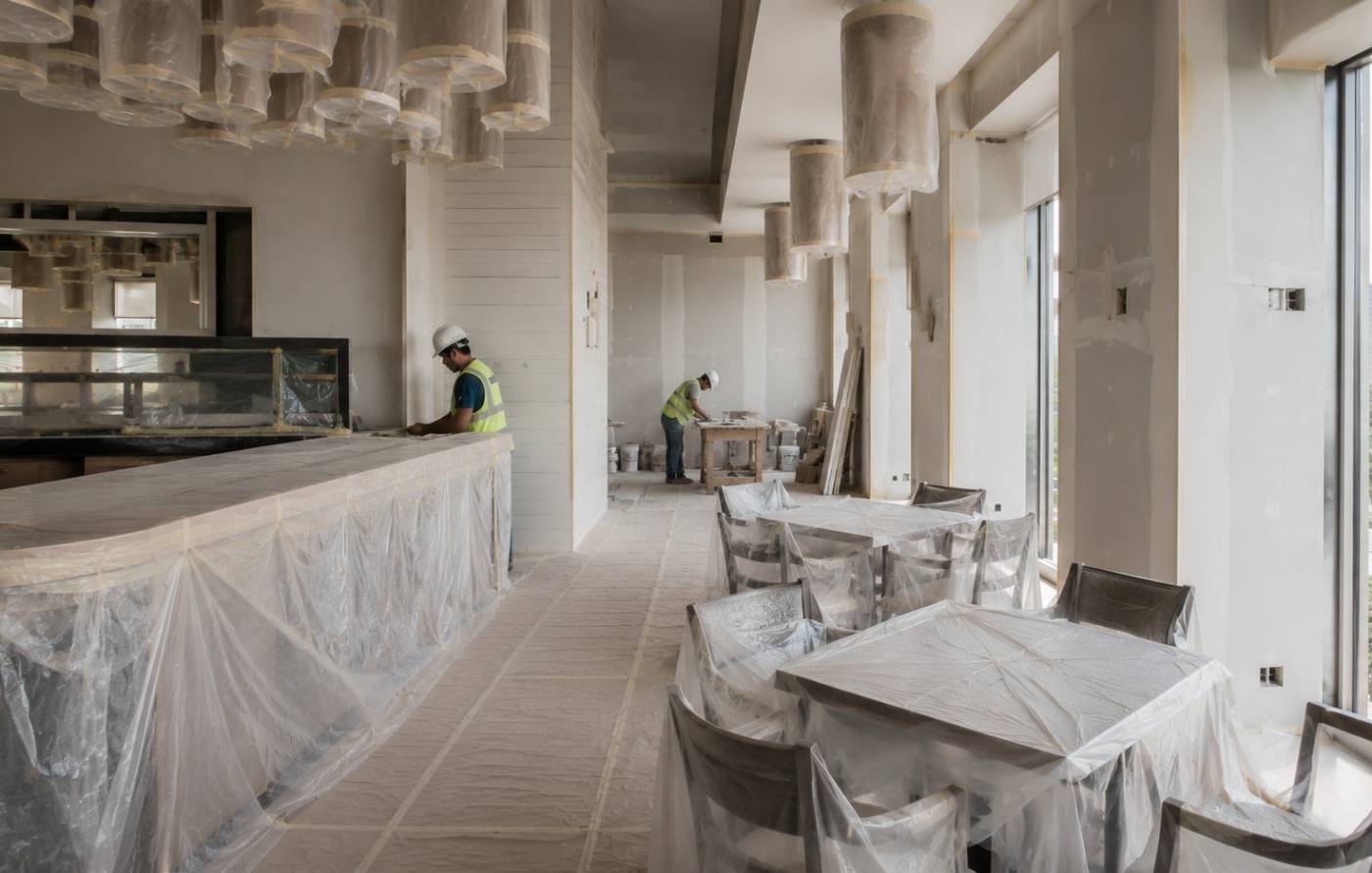 Dubai restaurant fitout progress with workers protecting bar and dining tables under plastic sheeting while walls are prepared, natural light from city skyline windows