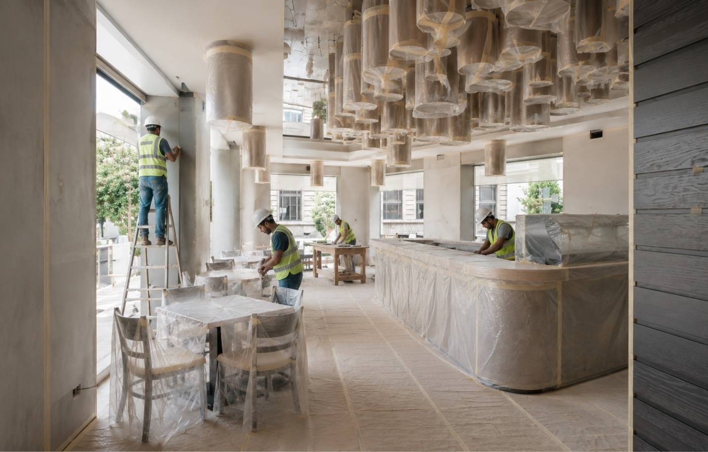 Commercial renovation for a villa extension project in Dubai — workers in safety gear protect bar counters and furniture under plastic sheeting.