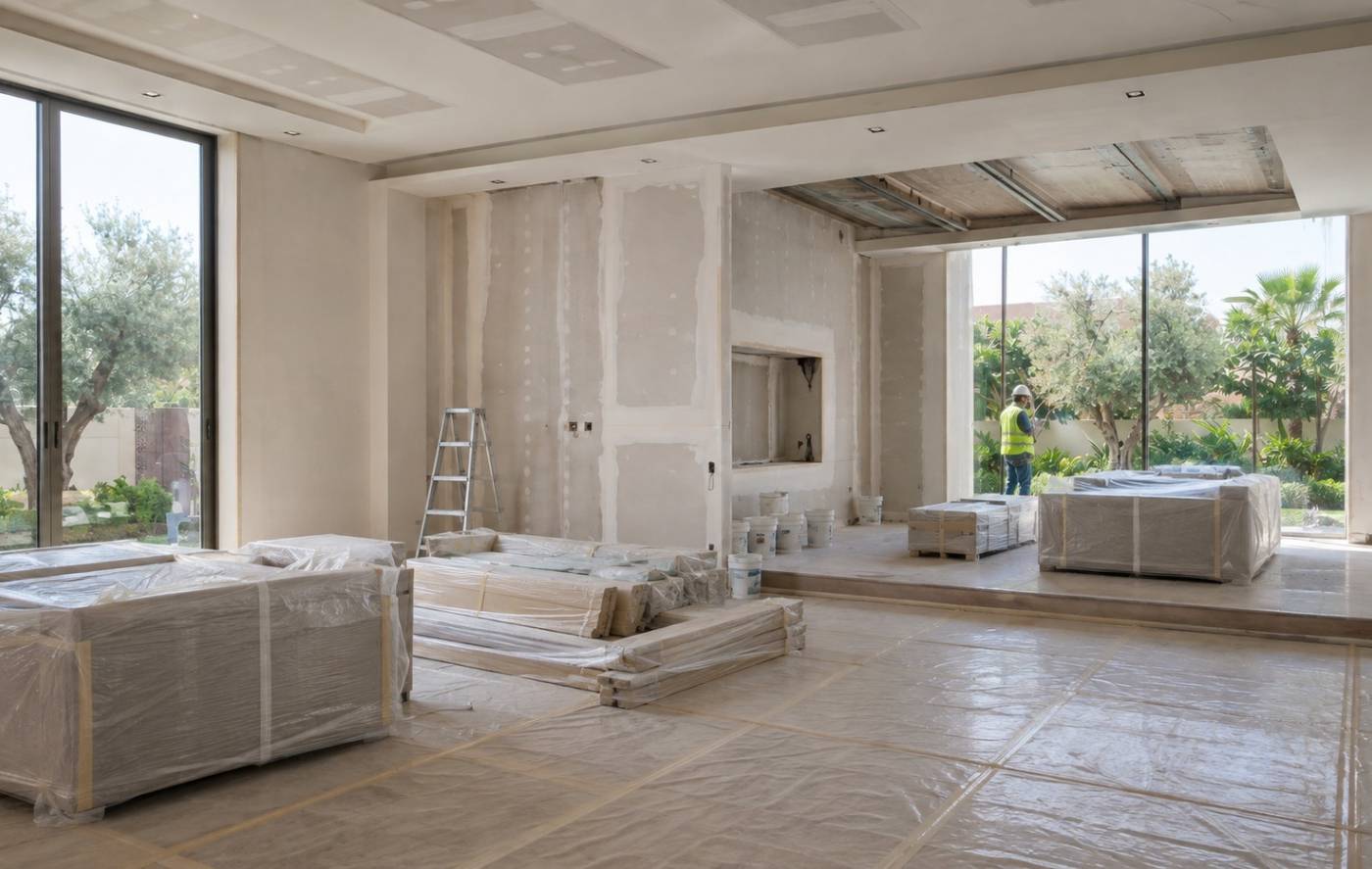 A spacious, modern interior undergoing renovation, featuring large floor-to-ceiling windows overlooking a lush garden with olive and palm trees, with drywall installed, protective floor coverings, and construction materials awaiting finishing touches.