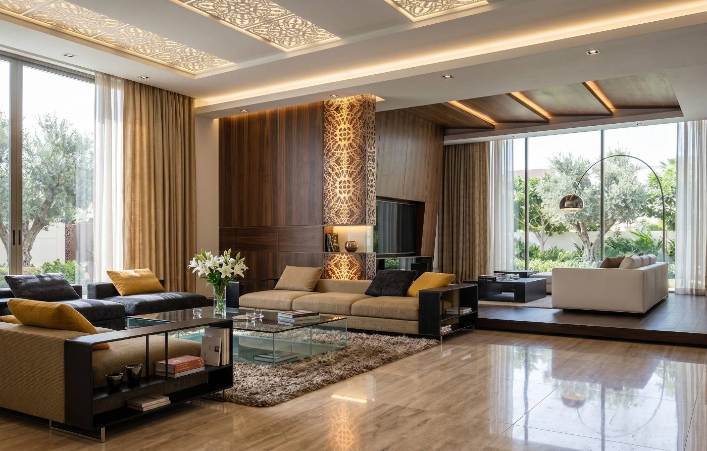 Luxury Dubai villa living room with light polished marble flooring, dark wood wall panelling, beige and dark grey sofas, garden views and illuminated ceiling details