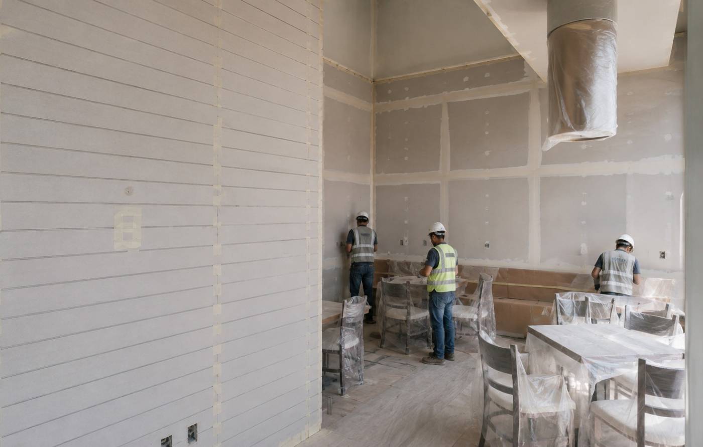Three construction workers in hard hats and safety vests installing drywall during a Dubai interior fit-out with furniture protected by plastic sheeting