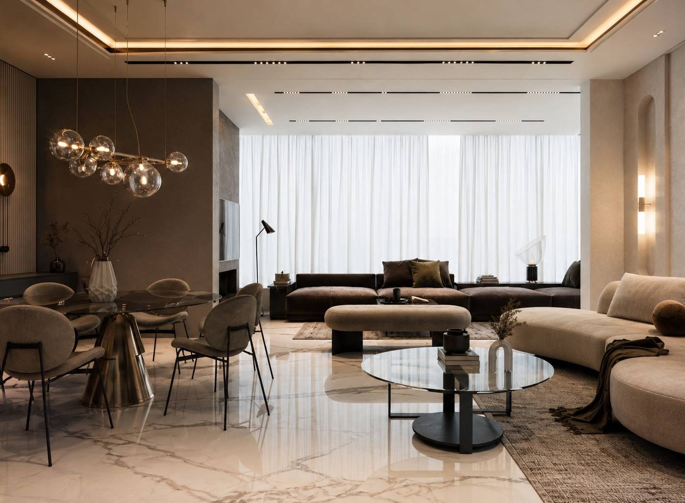 Open plan living and dining space by Chadi Baaklini with white marble floors, neutral palette and brass chandelier in a Dubai villa interior