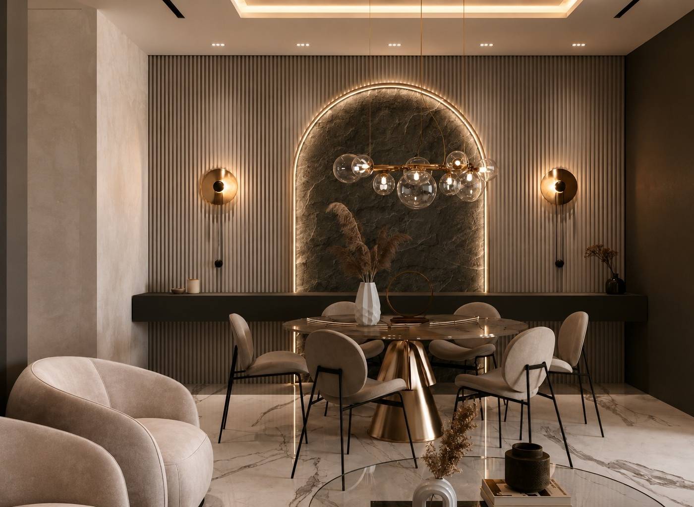 Luxurious dining area with round marble table, sculptural brass base, fluted wall, illuminated dark stone arch, and brass chandelier in a Dubai villa